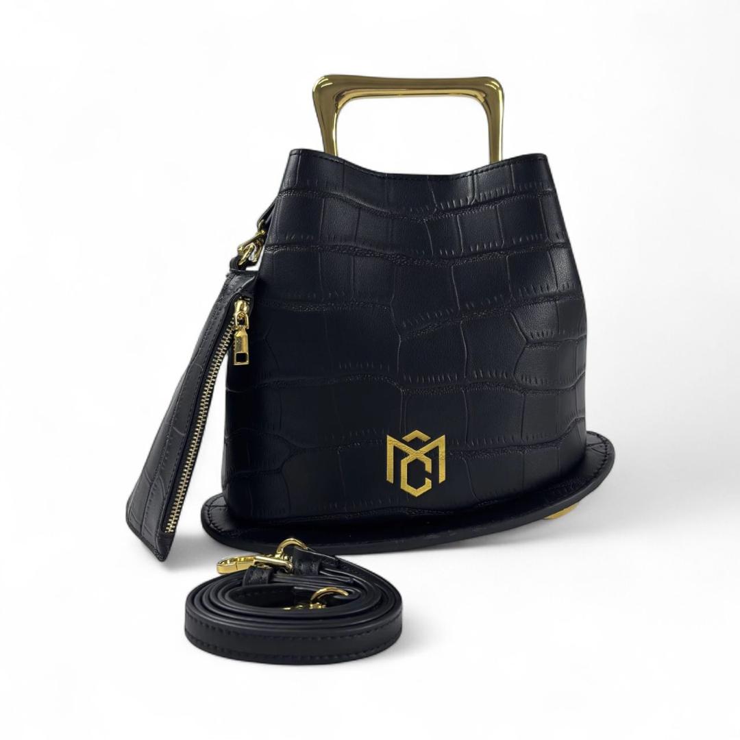 Minimalist MC Leather Bucket Crossbody Bag, Chic Top-Handle